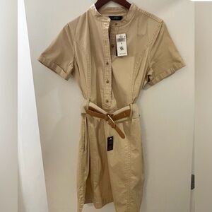Ralph Lauren Beige Short-Sleeve Shirt Midi Dress with Tan Belt